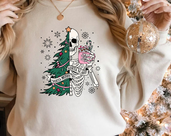 Sorta Merry Sorta Scary Sweatshirt, Funny Christmas Hoodie, Cute Spooky Season And Christmas Hoodie, Christmas Skeleton Sweatshirt