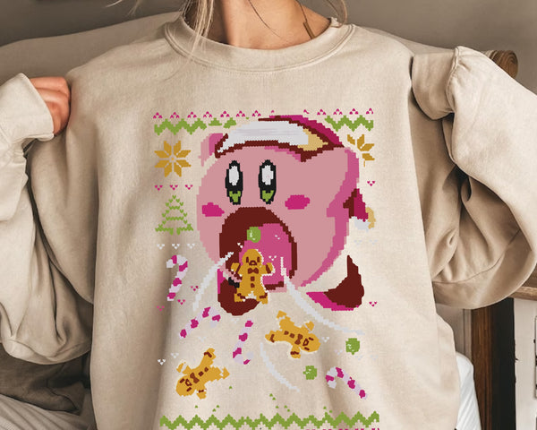 Kirby Ugly Christmas Sweater, Kawaii sweatshirt gift , Cute pink hungry Kirby ,Sweets and cookies,Family Christmas