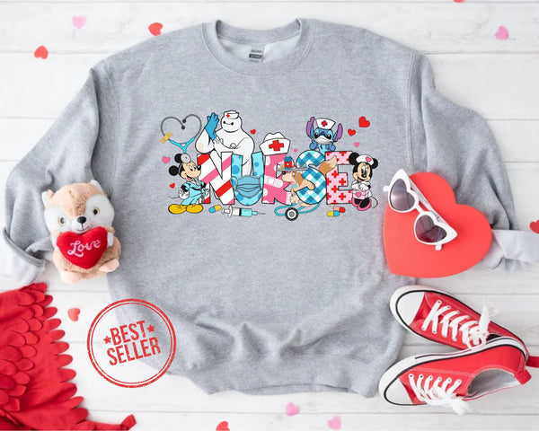 Valentine's Day nurse, Graphic Tee, Love Disney Nurse Characters Sweatshirt, Disney Nurse Hoodie, Nursing School , Valentine gift for nurse