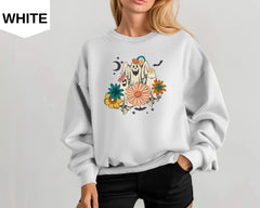 Retro Floral Ghost Sweatshirt, Spooky Halloween Party Shirt, Pumpkin Women's Fall Sweater, Cute Seasonal Top