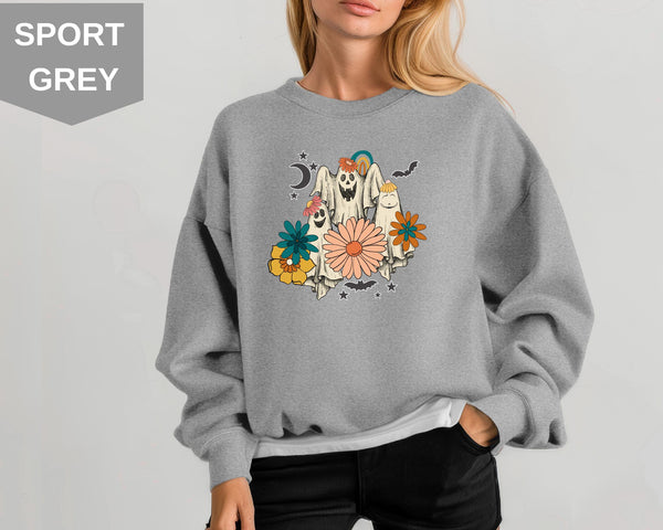 Retro Floral Ghost Sweatshirt, Spooky Halloween Party Shirt, Pumpkin Women's Fall Sweater, Cute Seasonal Top