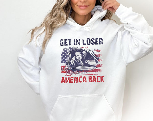 a woman wearing a white hoodie that says get in closer america back