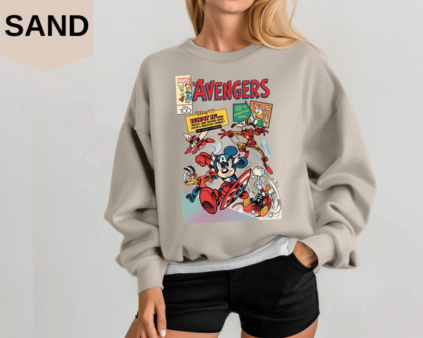 Disney 100 Mickey Mouse & Friends  Marvel Avengers Comics Book Retro Sweatshirt, WDW Magic Kingdom Disneyland Family Vacation Holiday Gift