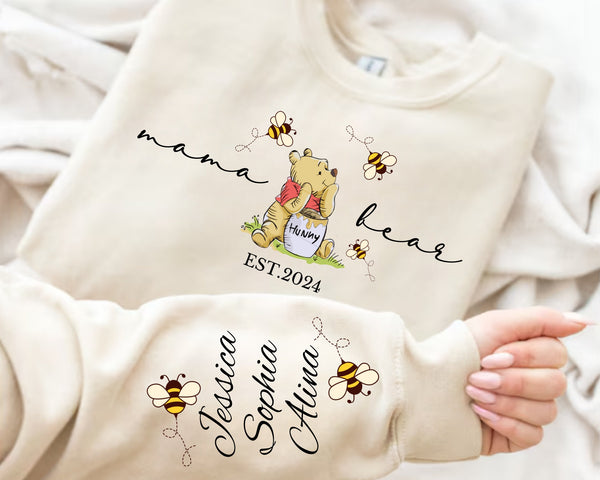 Custom Mama Bear Sweatshirt,Mama Est with Kids Name on Sleeve Sweatshirt, Personalized Mom Sweatshirt, Nana, Grandma, Gigi,Mothers Day