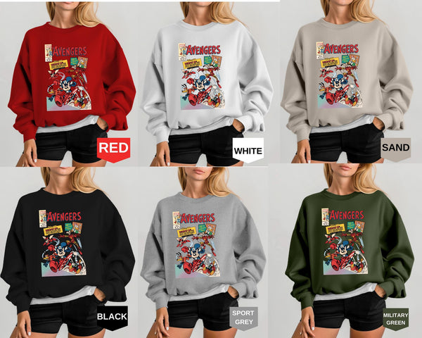 Disney 100 Mickey Mouse & Friends  Marvel Avengers Comics Book Retro Sweatshirt, WDW Magic Kingdom Disneyland Family Vacation Holiday Gift